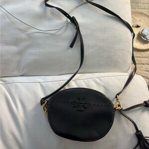Tory Burch Black Pebbled Leather Crossbody Oval Bag with Gold Hardware